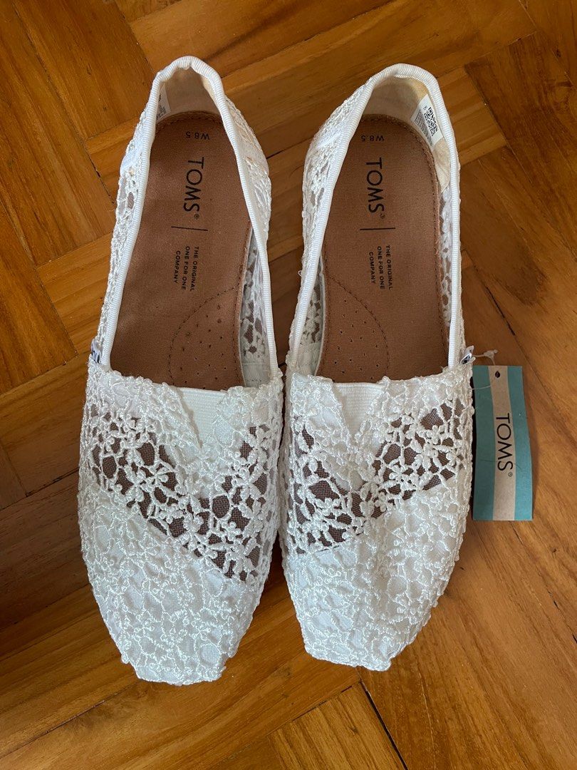 Toms White Lace Alpargata Women s Fashion Footwear Sneakers on