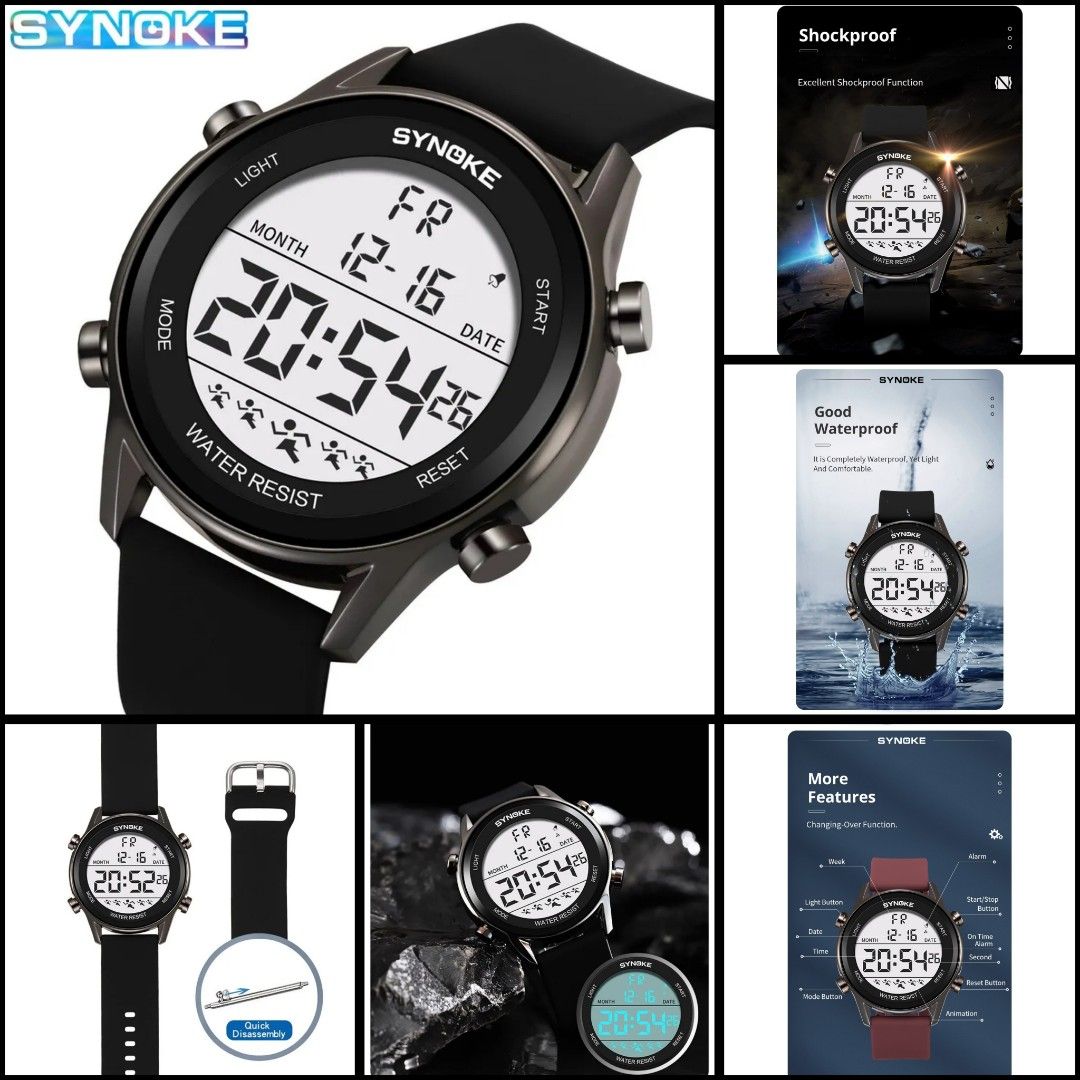 Watch A11 SYNOKE Men Large Screen Display Outdoor LED Digital Luminous Fashion Silicon Sport Multi Function Waterproof Shock Resistant Watches Clock