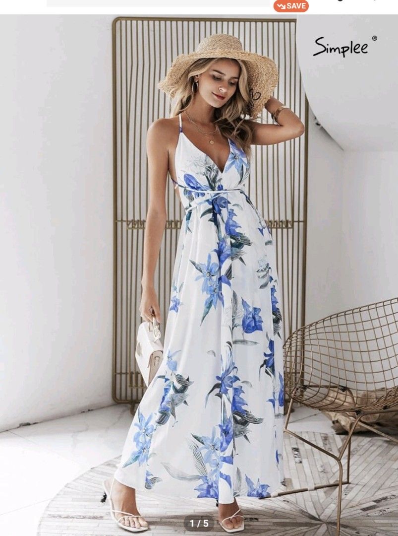 White Blue Floral Dress Women s Fashion Dresses Sets Dresses