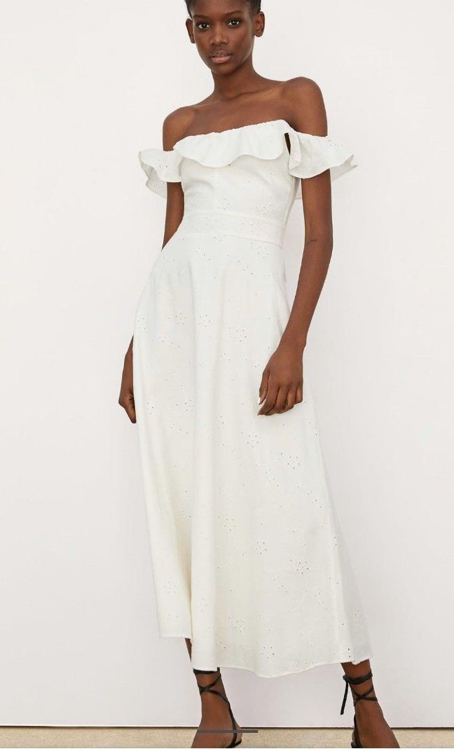 Zara embroided eyelet ruffle off shoulder white maxi dres Women s