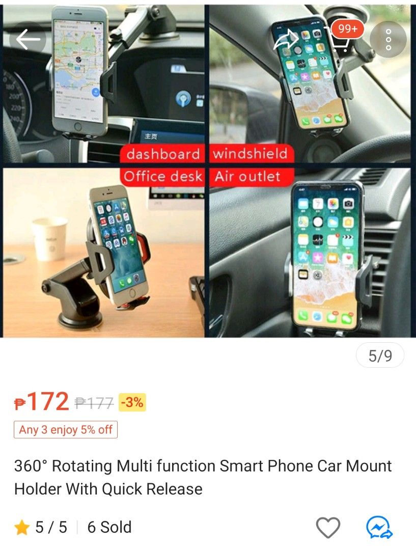 360° Rotating Multi-function Smart Phone Car Mount Holder With Quick Release (Category: Mounts & Holders) located in Bauang. Submitted by glenefinds (Listing ID 1279910242, Image 2). Description: ⚠️minimum spend of 500 *natanggal ung dikit ng suction sa item pero baka pwede pa gawa ng paraan😊 pwede rin malipat ung holder mismo if may other ball joint stand kayo😁 🏷️Orig Price: Php 172 + SF.