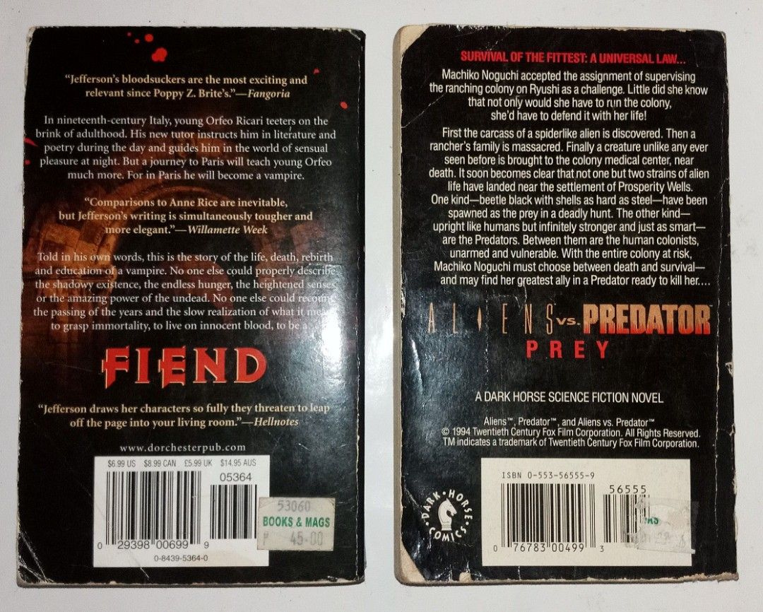 Aliens vs predator prey book and Fiend vampire story book, Hobbies