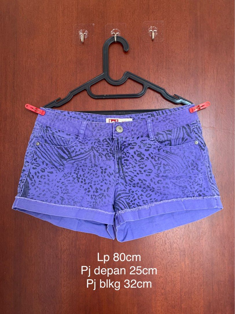 Celana pendek lei ashley lowrise jeans shorts denim ungu motif