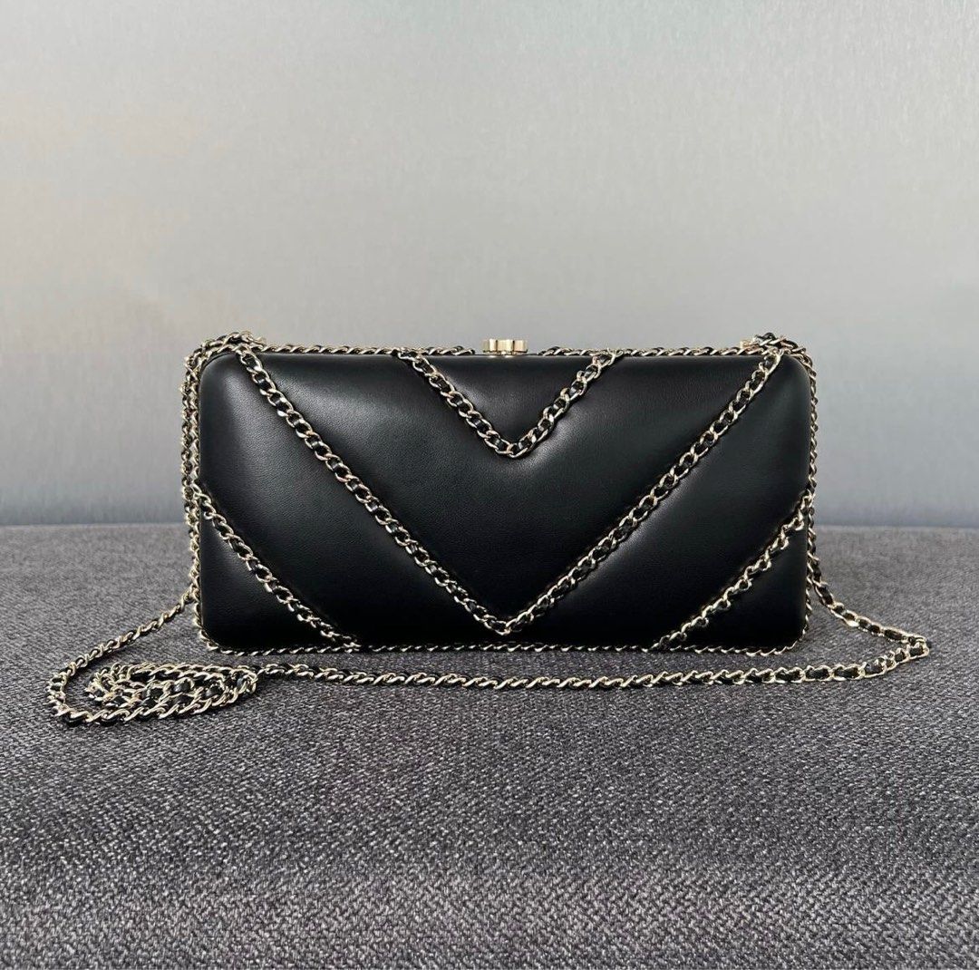 Chanel Chain Around Chevron Clutch Medium Lambskin Black Lghw