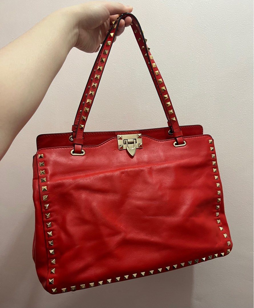 CLEARANCE SALE Authentic Valentino Garavani Red Orange Rockstud Trapeze Medium Leather Tote Shoulder Bag