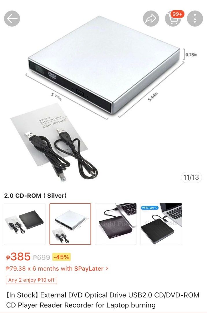 External DVD Optical Drive USB2.0 CD/DVD ROM CD Player Reader Recorder ...