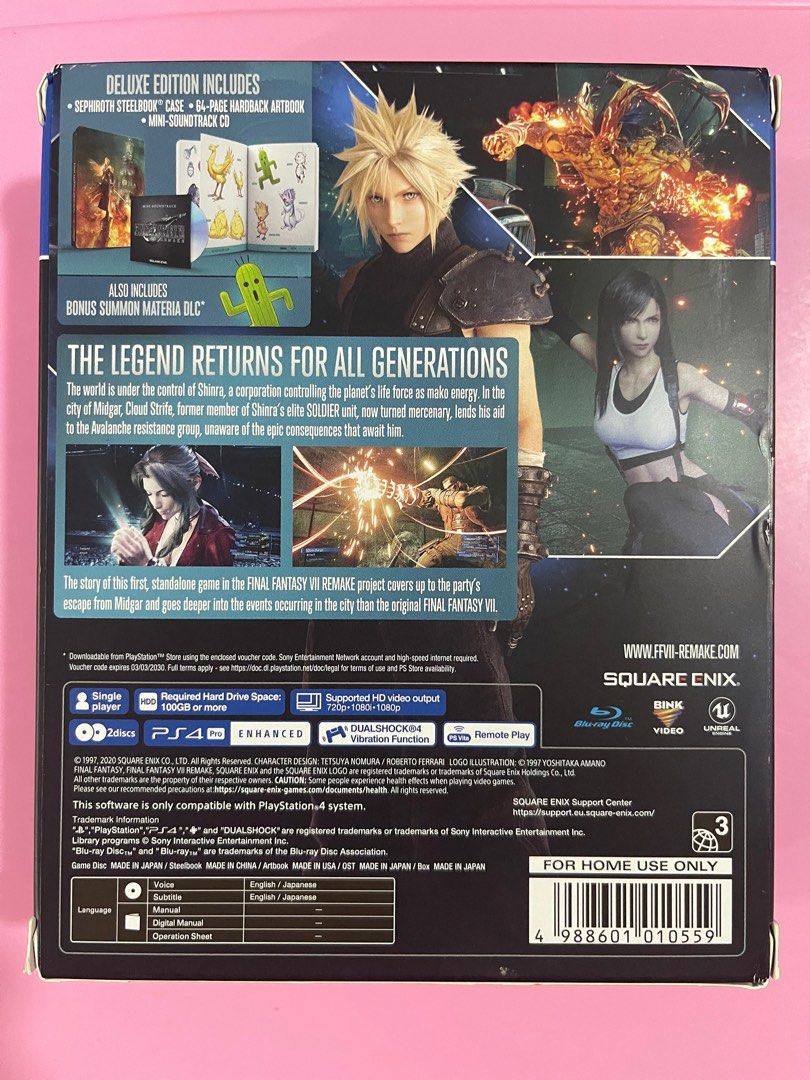 Final Fantasy VII Remake Deluxe Edition PS4 (Category: PlayStation) located in Manila. Submitted by jedmac (Listing ID 1279825459, Image 2). Description: Final Fantasy VII Remake Deluxe Edition Deluxe Edition includes: 1 x Artbook 1 x Mini-Soundtrack 1 x Steelbook 1 x FINAL FANTASY VII REMAKE game RFS: already owned digital edition .