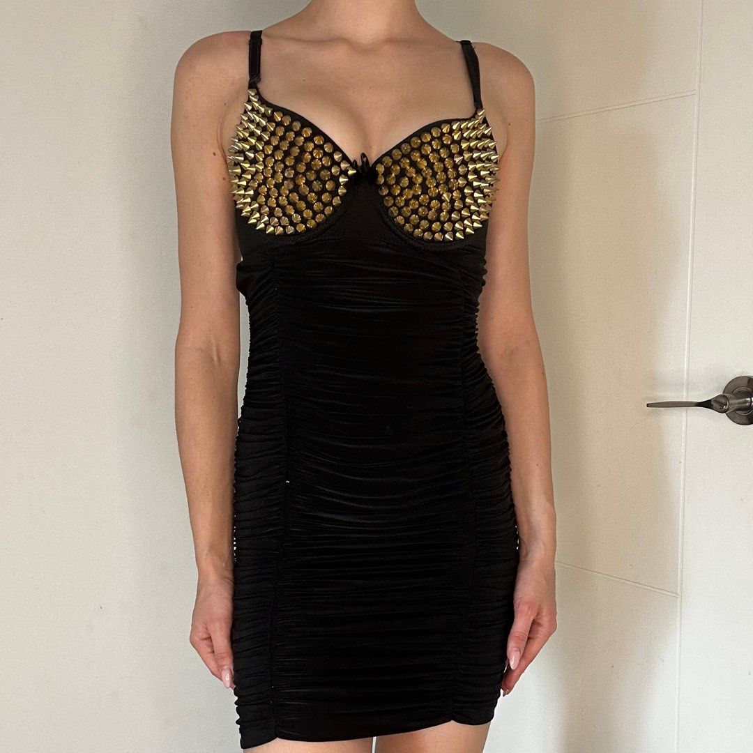 Jessyka Robyn Silver Spike Bra Top Mini Dress Black
