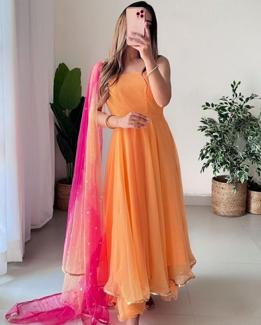 Floor touch dress with dupatta on sale