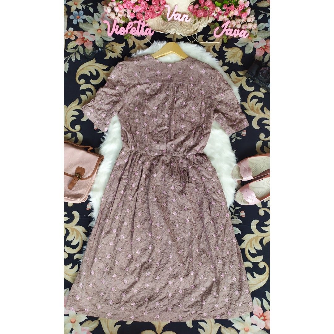 Midi dress vintage retro klasik bordir bunga pink flower katbol