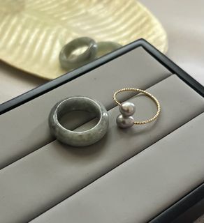 Natural  Type A Grayish Wuji Jadeite Jade Ring pair with Natural Fresh Water Pearl Ring ❄️