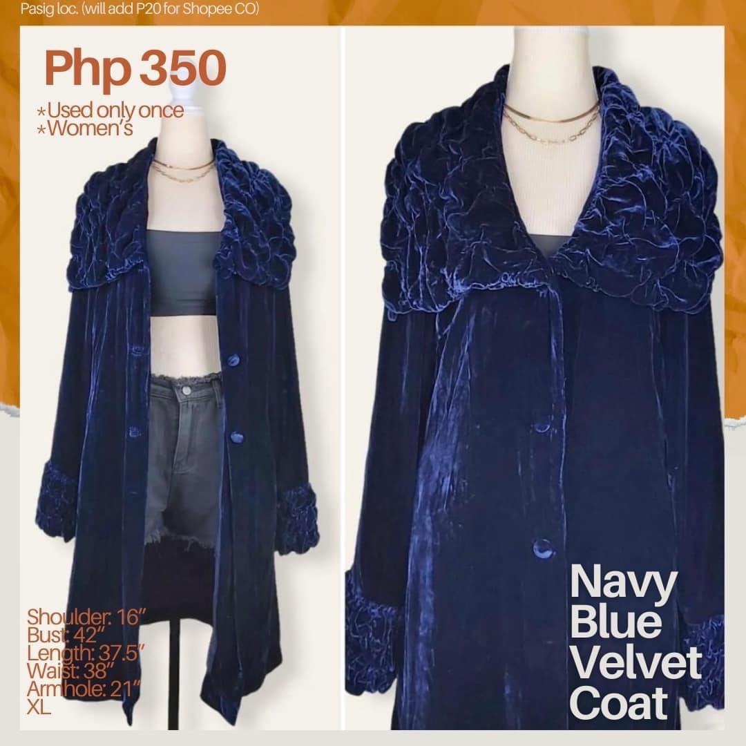Navy Blue Velvet Coat, Women's Fashion, Coats, Jackets and Outerwear on