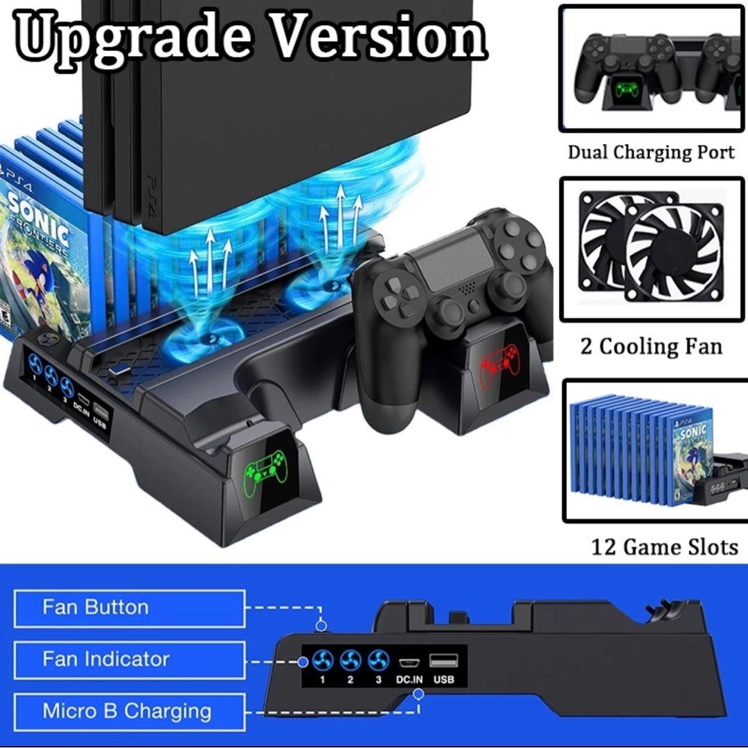 PS4/Pro/Slim Vertical Cooling Fan Stand USB Console Charging Controller ...
