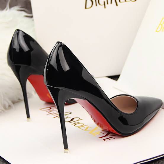 Red bottoms black leather glossy pointed shiny heels stiletto