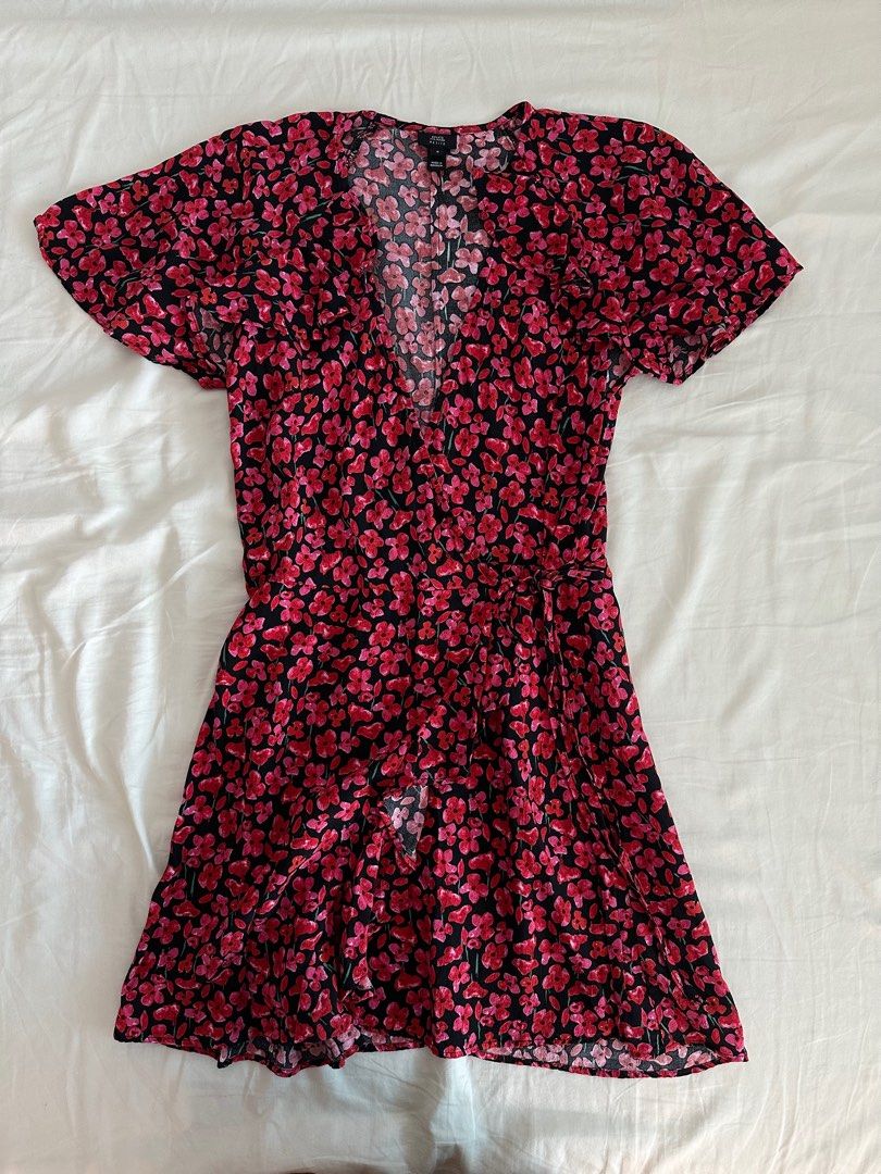 Red floral wrap mini dress store