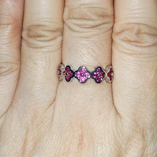 SALE!! RUBY CLOVER OPEN RING. CLosed at Size 7.  Silver plated Platinum Setting.