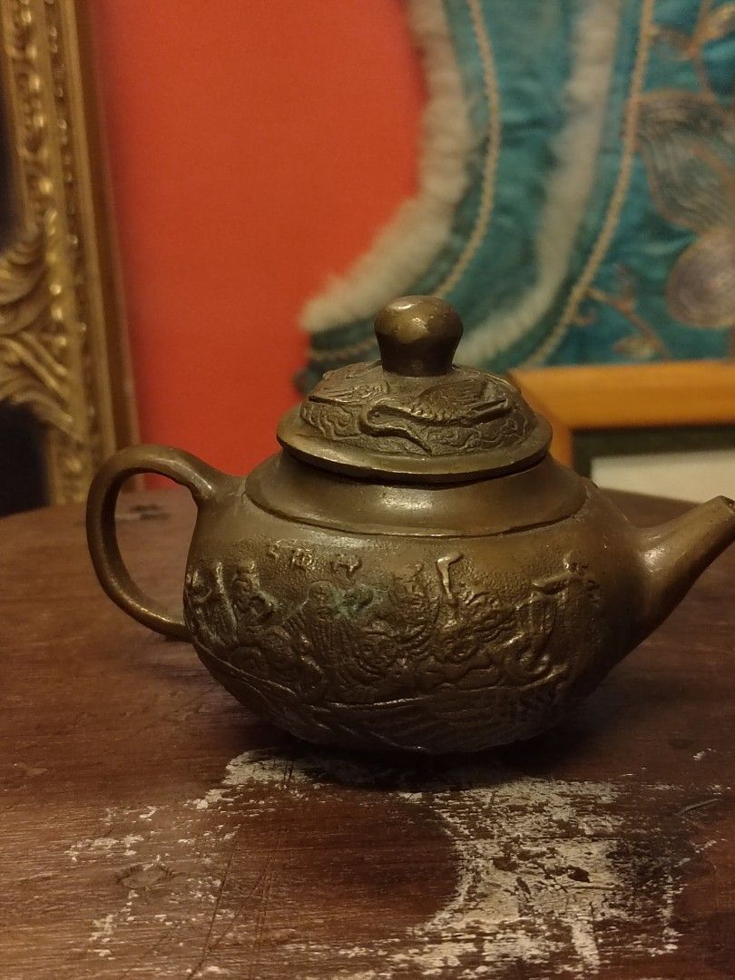Solid brass teapot (Category: Vintage Collectibles) located in Georgetown. Submitted by jumppuppyjump (Listing ID 1279983713, Image 3). Description: Cast brass teapot 8 immortals carving ships gdex PNH7011556482IO.