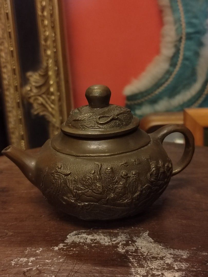 Solid brass teapot (Category: Vintage Collectibles) located in Georgetown. Submitted by jumppuppyjump (Listing ID 1279983713, Image 1). Description: Cast brass teapot 8 immortals carving ships gdex PNH7011556482IO.