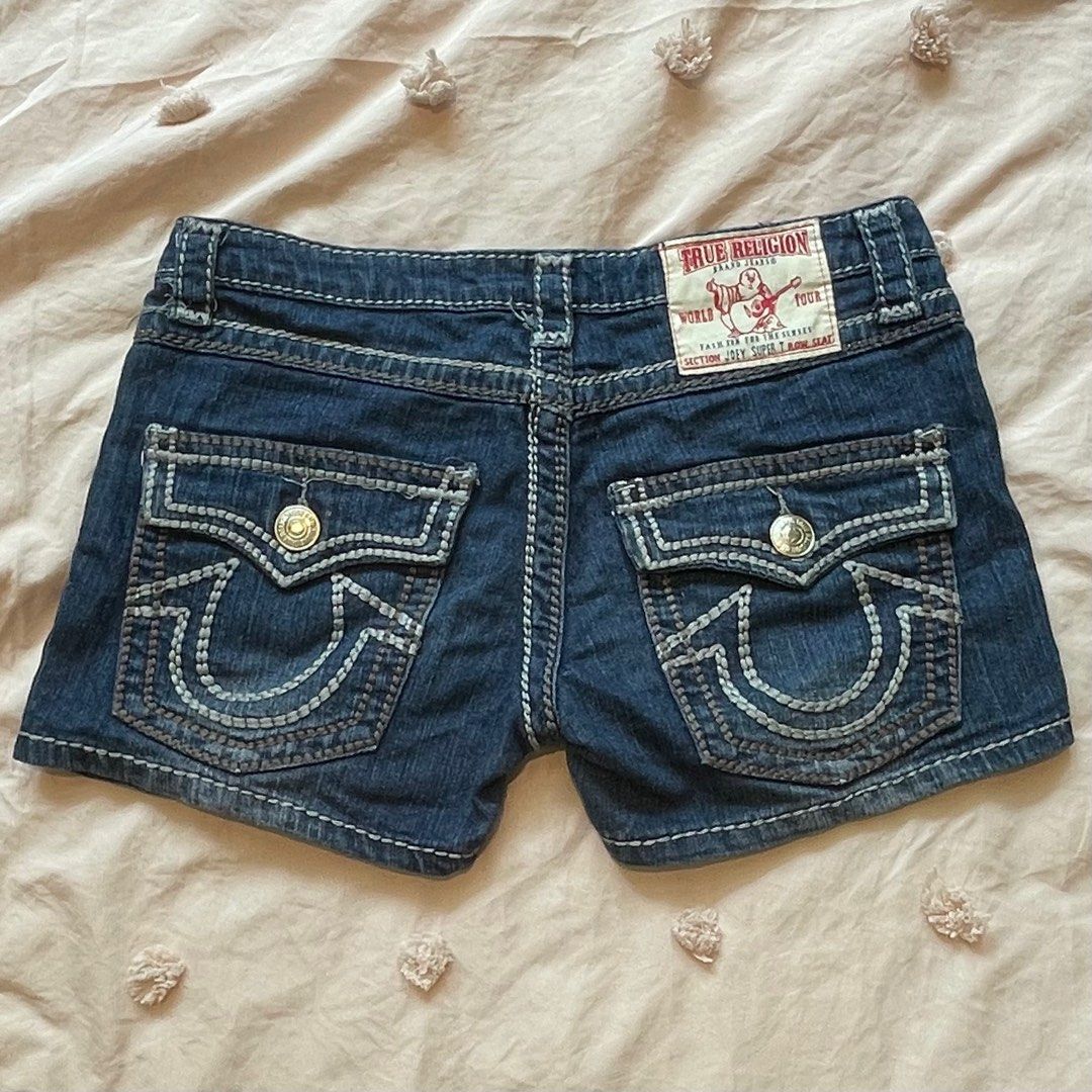 true religion contrast stitch mid waist denim shorts