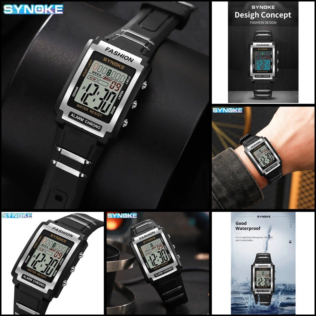 Watch A17 SYNOKE Unisex Rectangular Display Digital Outdoor LED Digital Luminous Fashion Retro Silicon Sport Multi Function Waterproof 50M Shock Resistant Watches Clock Student Men Women Boy Girl Blac...