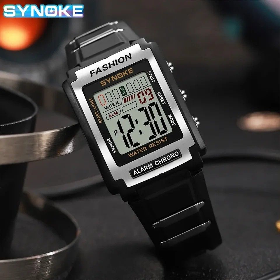Watch A17 SYNOKE Unisex Rectangular Display Digital Outdoor LED Digital Luminous Fashion Retro Silicon Sport Multi Function Waterproof 50M Shock