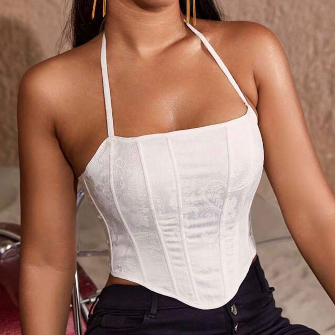 Apperloth A Jacquard Grommet Lace Up Backless Halter Corset Shapewear Top