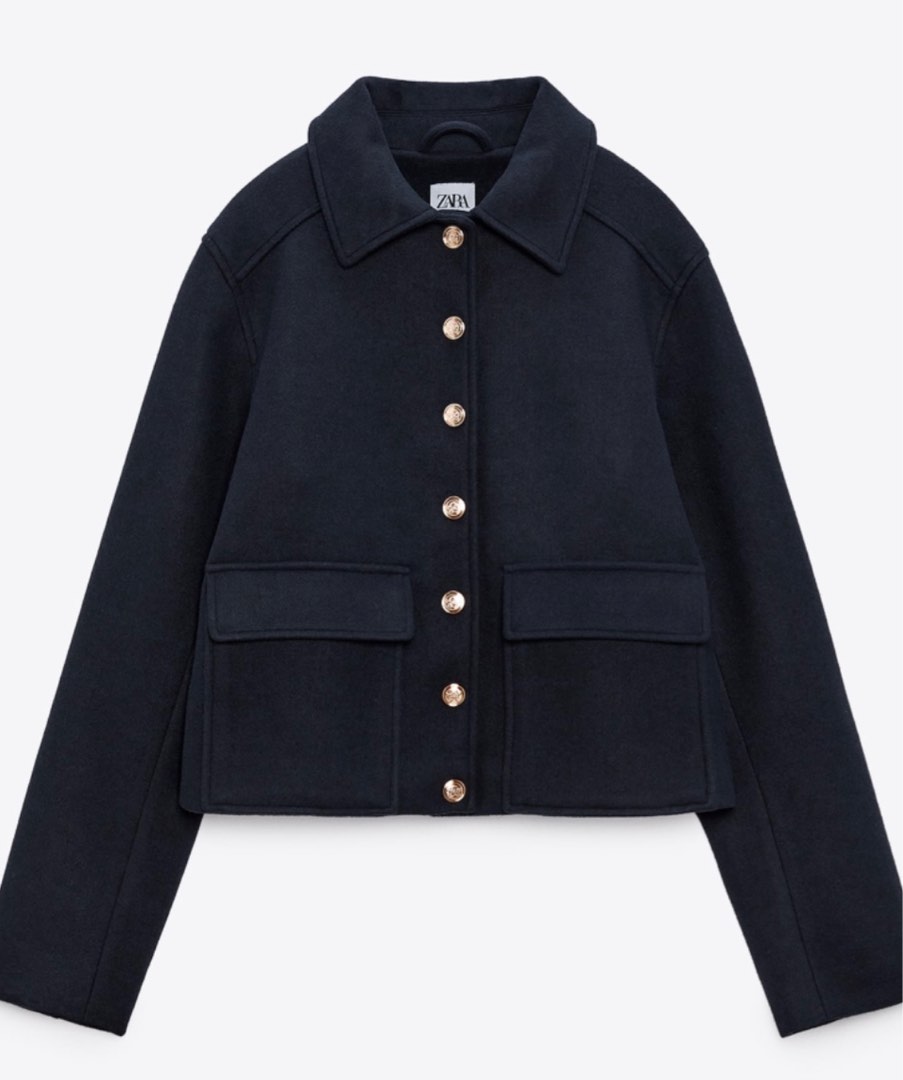 Zara Soft Jacket in Gold Buttons Navy Blue, Women's Fashion, Coats