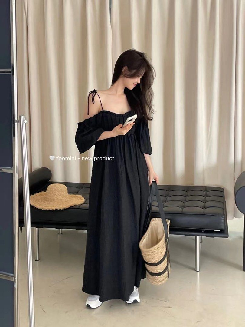BNWT Crochet Korean Cold Off Shoulder Ulzzang Self Tie Long Black Dress