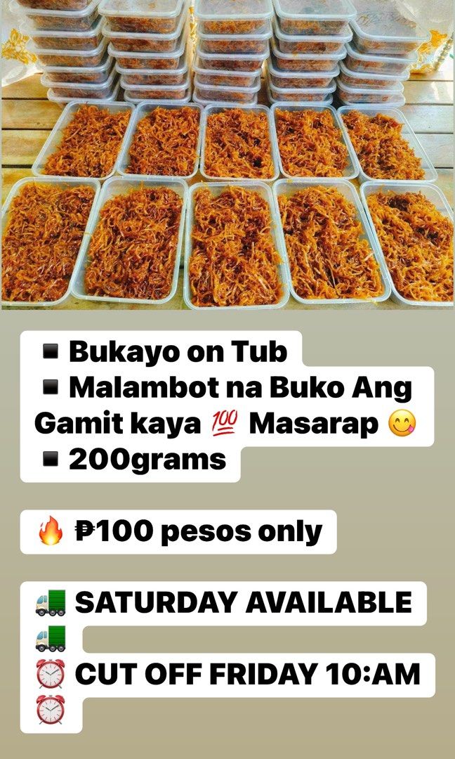 bukayo on tub (Category: Other Food & Drinks) located in Imus. Submitted by foodhaveit24 (Listing ID 1250822631, Image 1). Description: ▪️Bukayo on Tub ▪️Malambot na Buko Ang Gamit kaya 💯 Masarap 😋 ▪️200grams 🔥 ₱100 pesos only 🚛 SATURDAY AVAILABLE 🚛 ⏰ CUT OFF FRIDAY 10:AM ⏰.