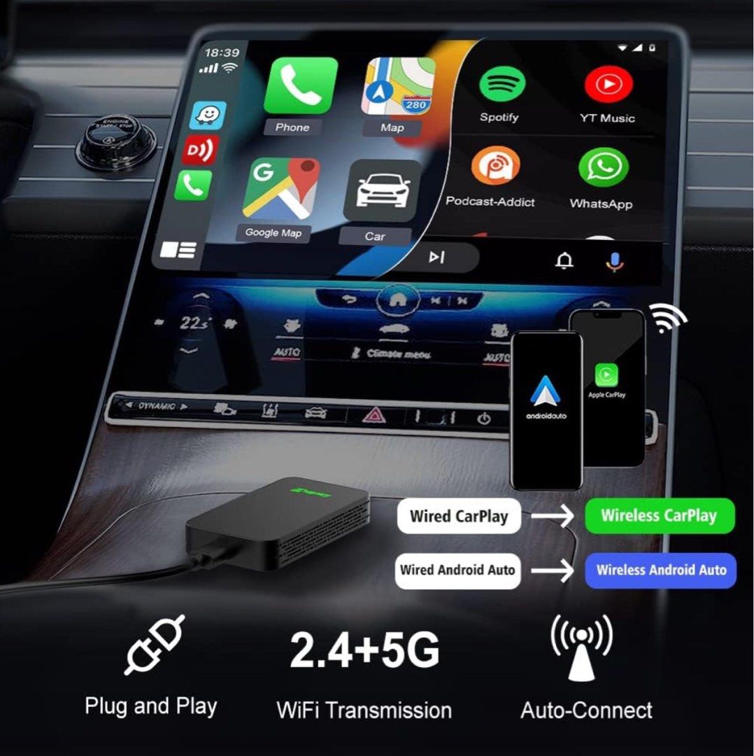 Carlinkit 5.0 2Air Wireless CarPlay Android Auto Wireless Box Two-Dual  Adapter 2-Channel Work Waze Spotify 5.8Ghz WiFi BT Siri GPS Auto