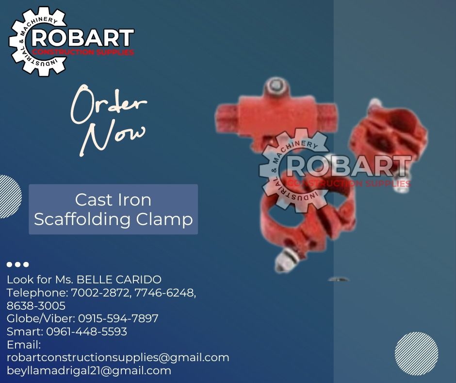 Cast Iron Scaffolding Clamp (Category: Construction Tools & Equipment) located in Manila. Submitted by bellarobart (Listing ID 1280086345, Image 1). Description: Cast Iron Scaffolding Clamp Code / Size: ZTKJ-01 Fixed 2.2kg ₱ 195 Code / Size: ZTKJ-02 Connect 2.2kg ₱ 205 Code / Size: ZTKJ-03 Swivel 2.2kg ₱ 205 Code / Size: ZTKJ-04 fixed girder coupler ₱ 470 𝑹𝑶𝑩𝑨𝑹𝑻 𝑪𝑶𝑵𝑺𝑻𝑹𝑼𝑪𝑻𝑰𝑶𝑵 𝑺𝑼𝑷𝑷𝑳𝑰𝑬𝑺 #RobartConstructionSupplies #robartph