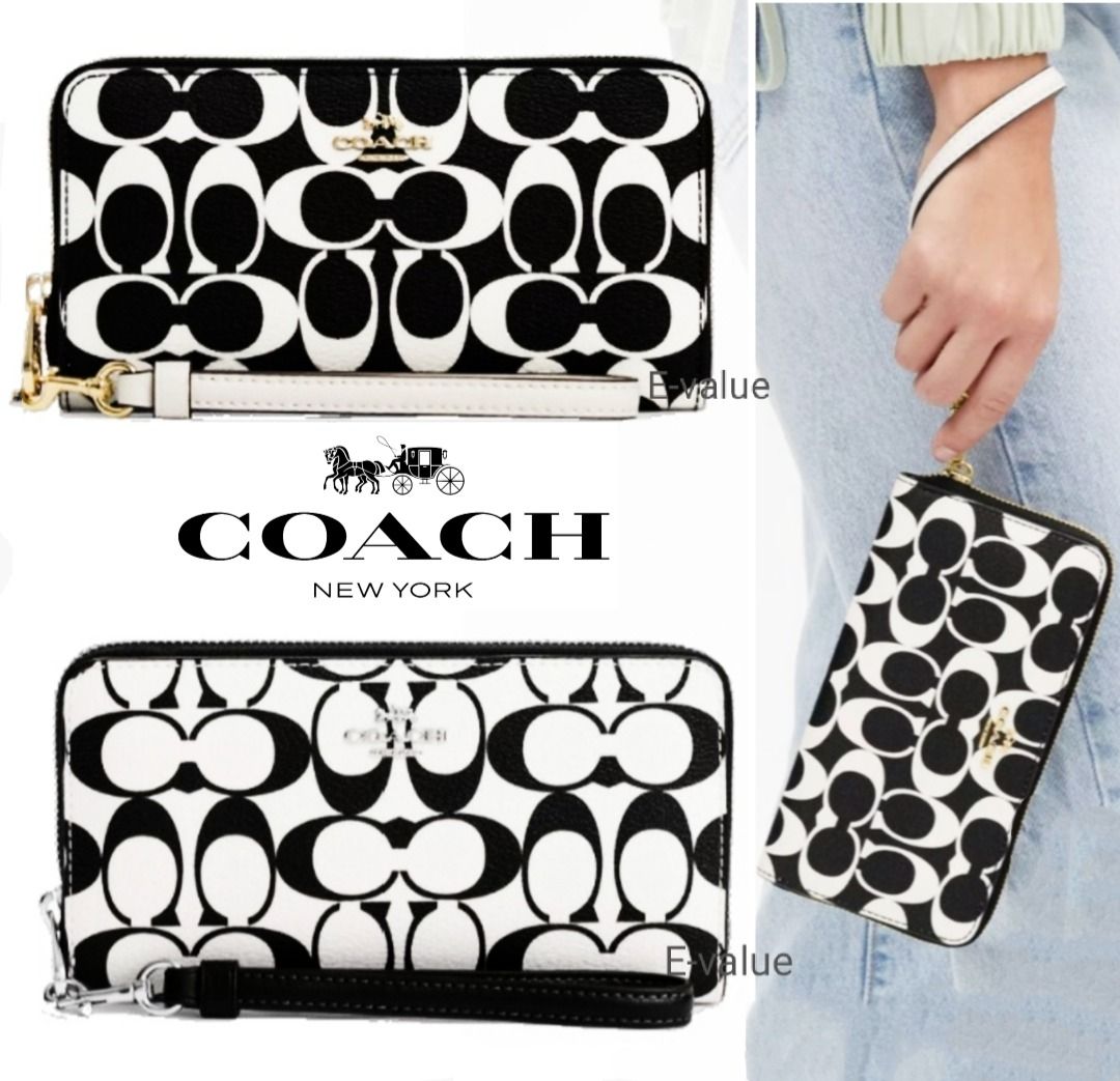 Coach Original Classic Black White Signature C Printed LONG ZIP AROUND WALLET IN SIGNATURE CANVAS Wrislet Wallet For Women Men Come With Complete