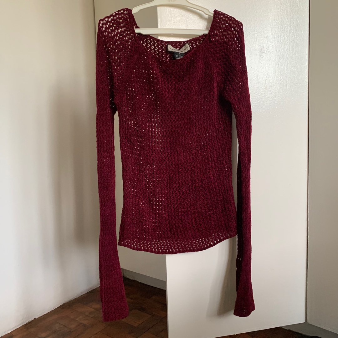 Crochet Red Wine Top, Women's Fashion, Tops, Longsleeves on Carousell