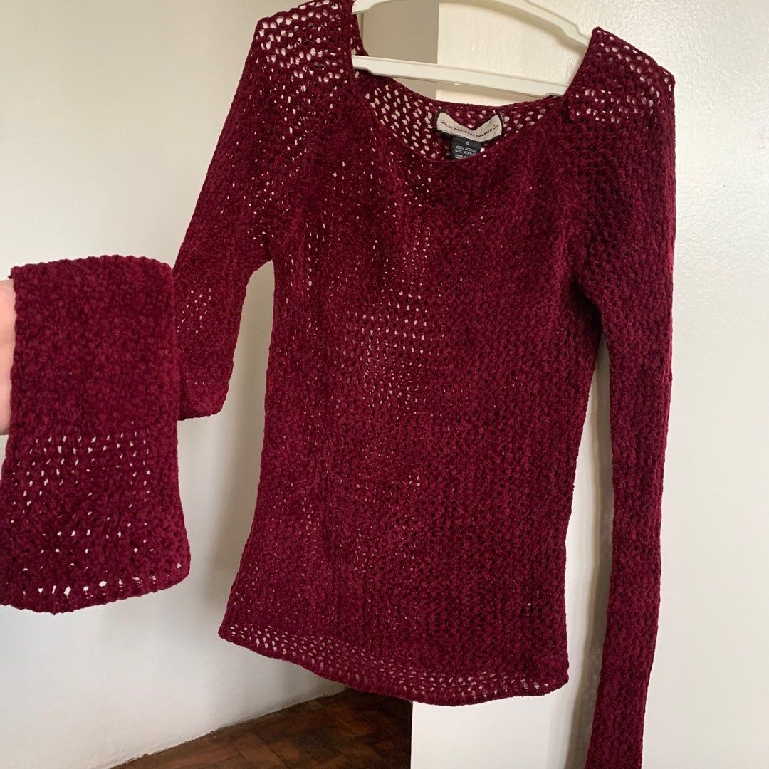 Crochet Red Wine Top, Women's Fashion, Tops, Longsleeves on Carousell