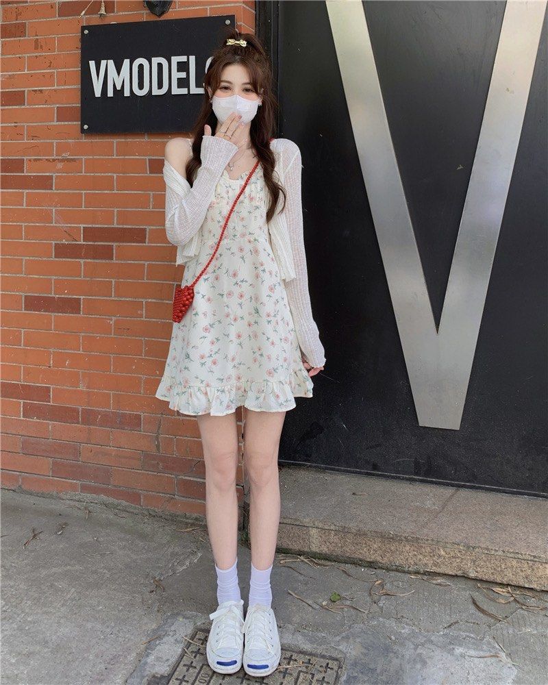 SET Floral dress cardigan short dress doll dress cute dress