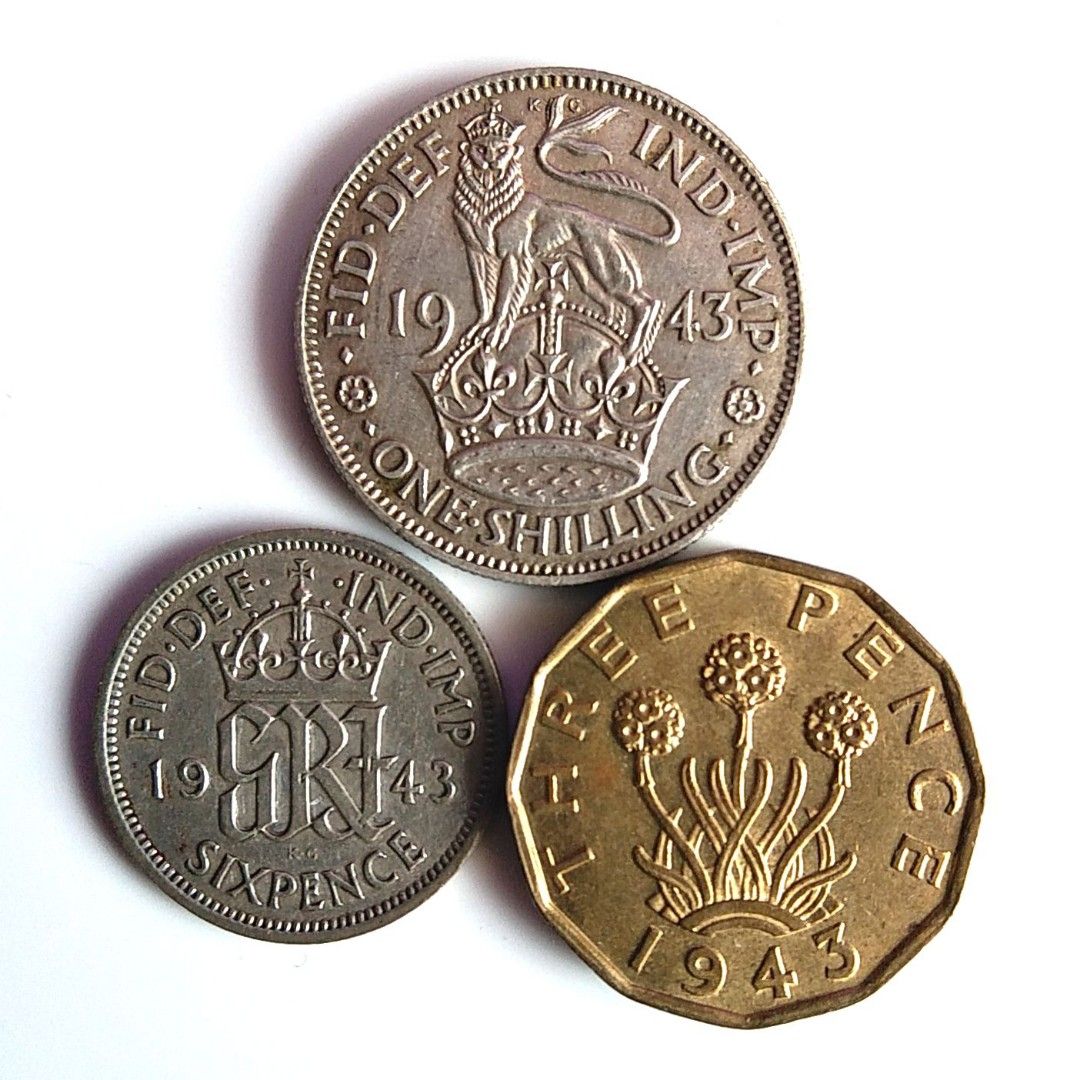 英國(喬治六世時期)錢幣(舊英鎊)> 1943 UK King George VI English One Shilling Silver  (.500), Sixpence Silver (.500) & Threepence Brass Coins (Circulated 已流通),  興趣及遊戲, 收藏品及紀念品, 錢幣- Carousell