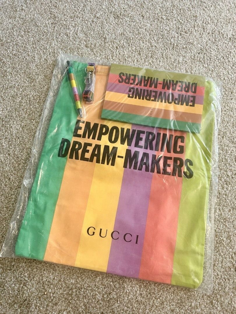 New: GUCCI Limited Edition Dream-Makers gift set (Category: Tote Bags) located in Manila. Submitted by icollectpo (Listing ID 1280113969, Image 1). Description: A colourful cloth bag with a cute badge holder, notebook, and pen! A unique gift 🌈 Gift from Gucci store for loyal customers so materials are not worth tens/hundreds of thousands like their store pieces. 🎁 No more box but you can add 50 for a Gucci paper bag 😍.