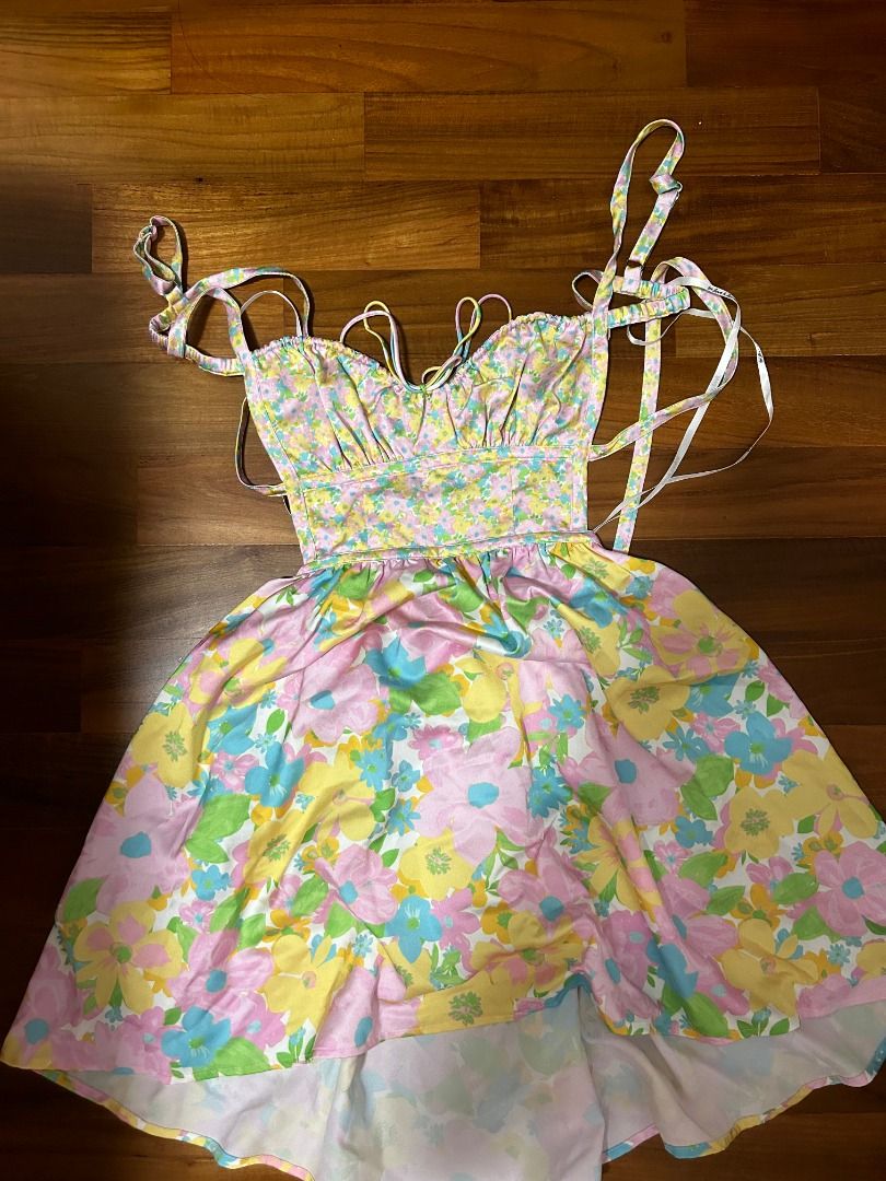 NWOT/BNWOT) For Love And Lemons Watercolour Colourful Preppy Emily Backless  Mini Dress, Women's Fashion, Dresses & Sets, Dresses on Carousell