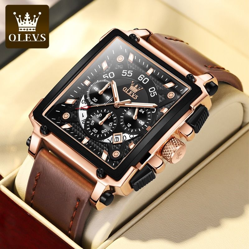 OLEVS 9919 Luxury Sport Brand Multi Time Zone Date Wrist Genuine Leather Men Classic Popular Watch