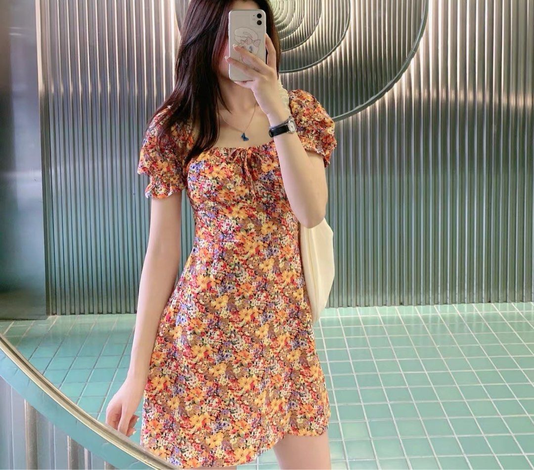 Orang floral minute sundress minidress with puffy sleeves A line
