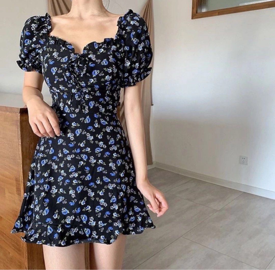 Puffy sleeves floral cute dress square neck A line minidress