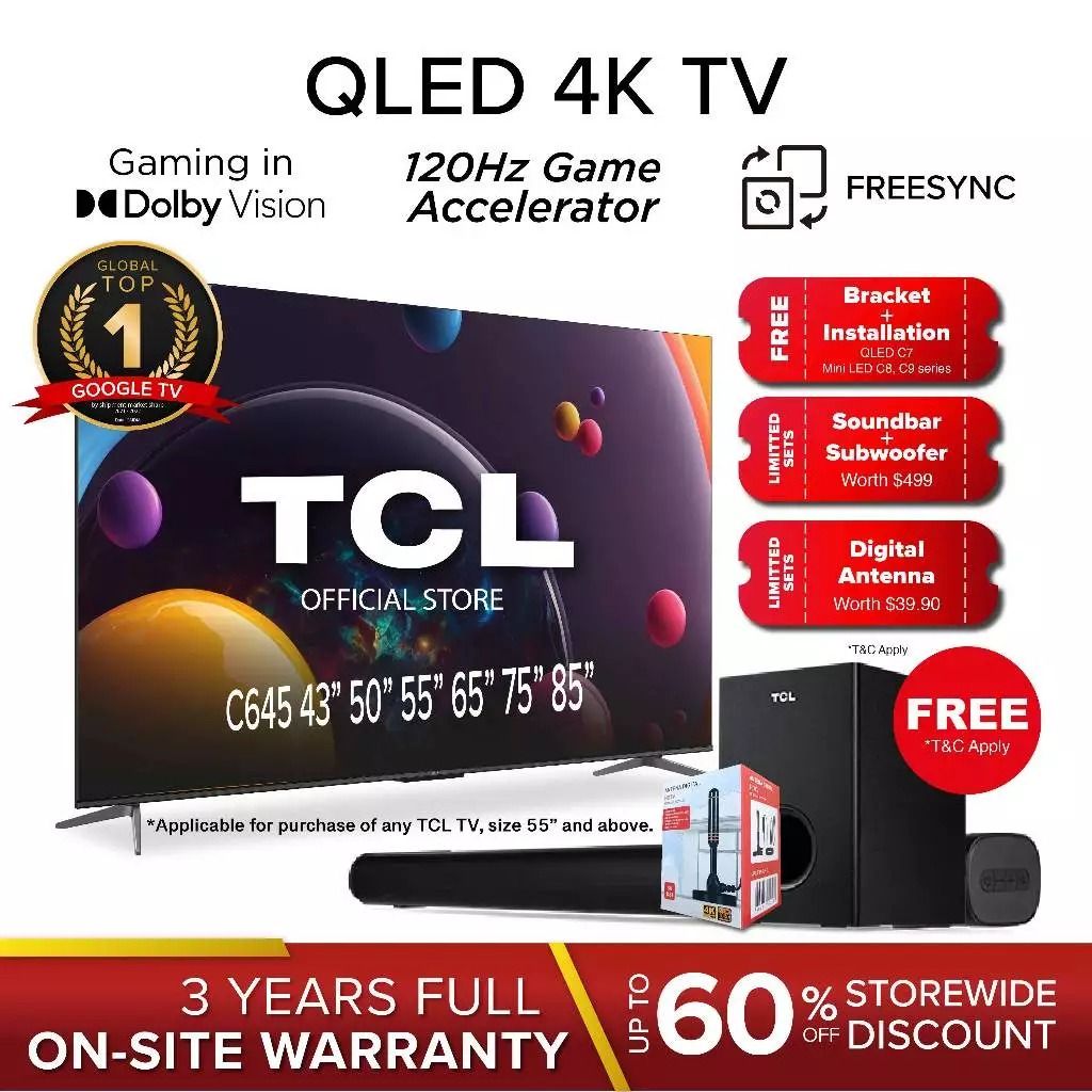 TCL C645 QLED 4K Google TV 55 inch – Robinsons Singapore