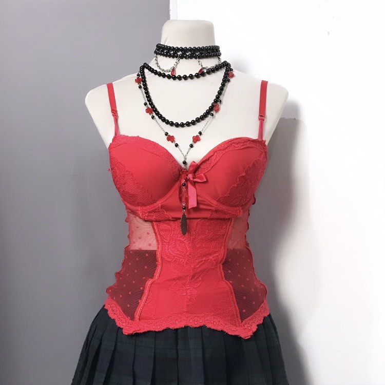 Coquette Sexy Lace Mesh Red & Black Bustier()