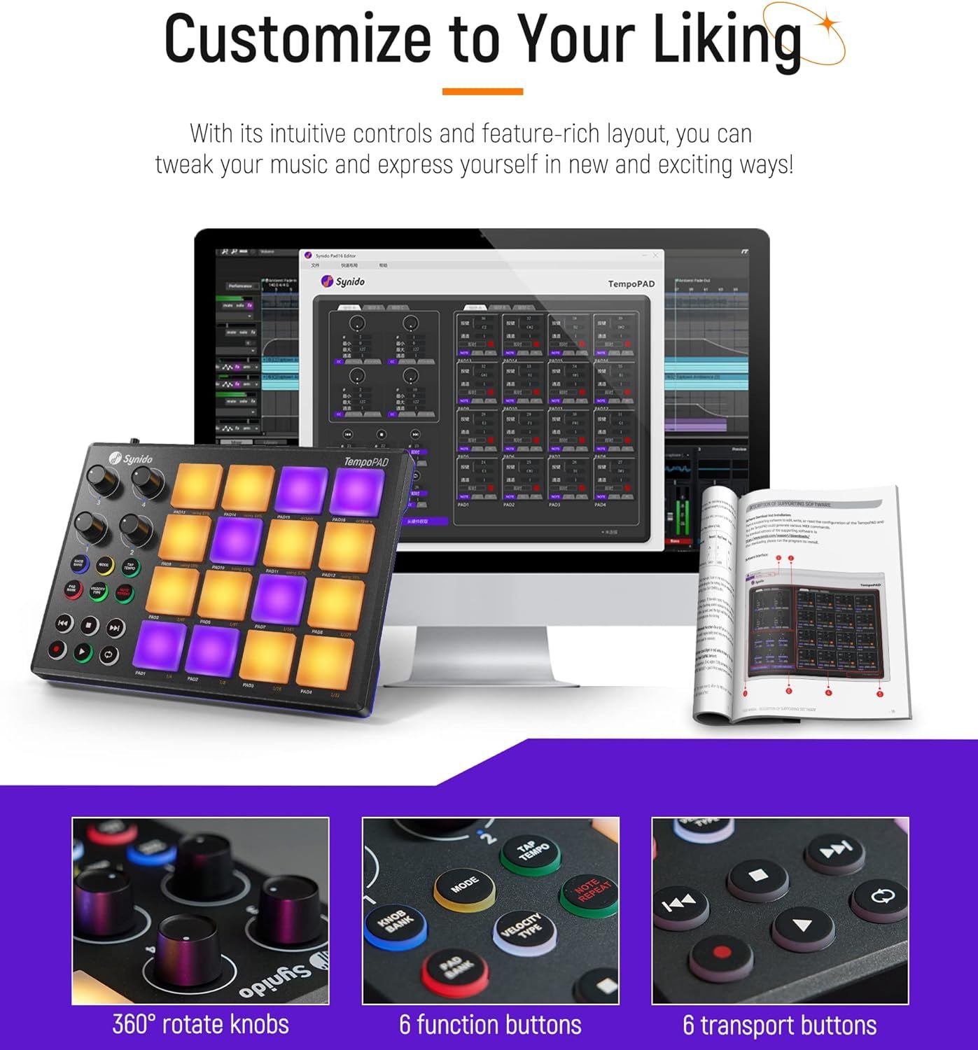 Synido MIDI Pad Beat Maker Machine with 16 RGB Beat Pads, USB Portable Mini  MIDI Controller Pad with Backlit Drum Pad, 4 Assignable Knobs, for