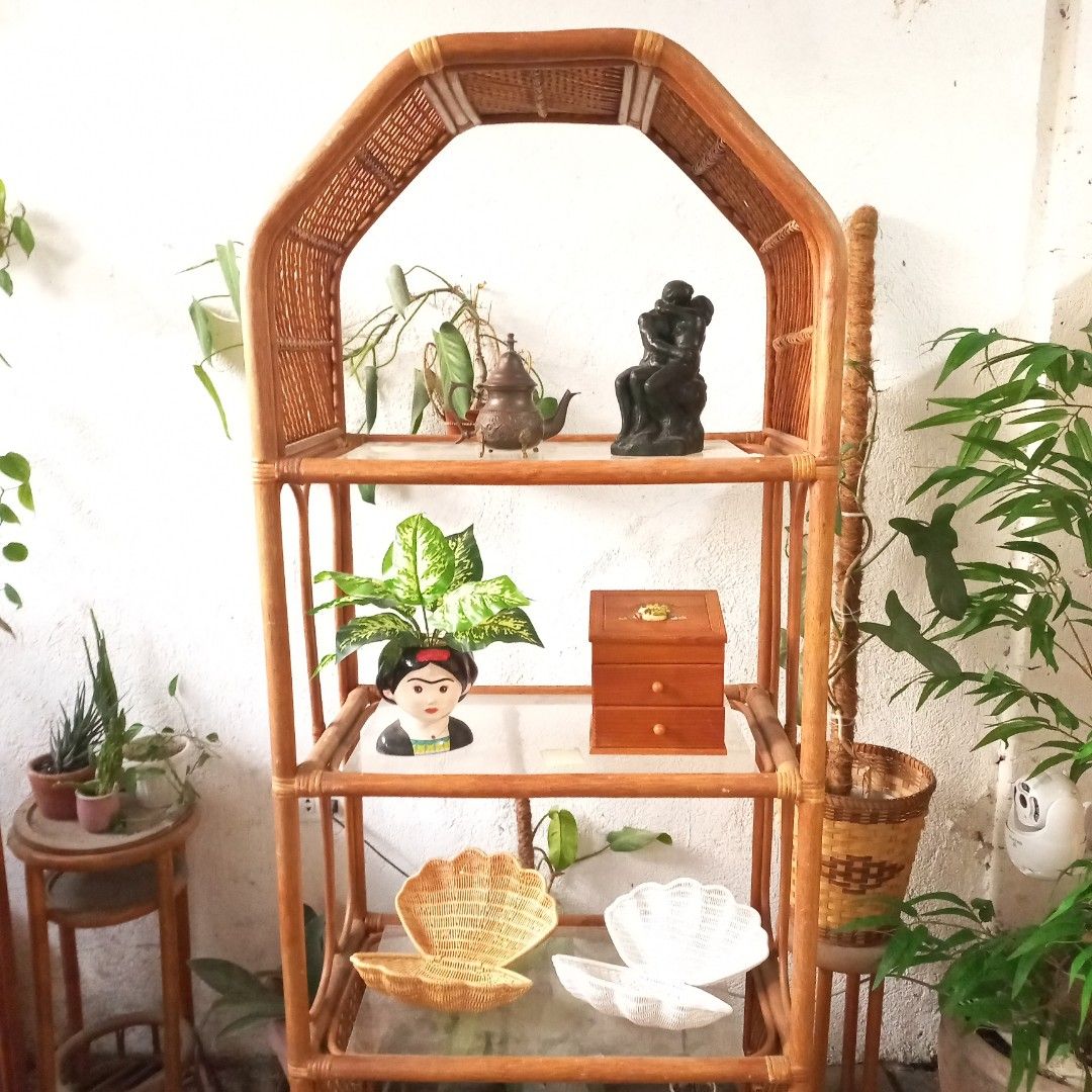 Vintage Large lattice rattan 4 tier open shelf midcentury modern boho ...