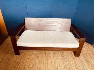 Wooden Sofa 59”L x 32”W x 17”SH  Solid wood Washable fabric seat Bulky foam In good condition