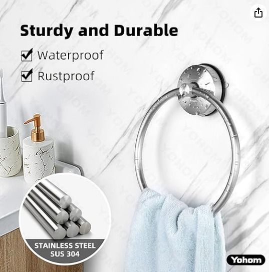 YOHOM Suction Towel Ring Vacuum Towel Holder Suction Cup Hand Towel Holder for Bathroom Tea Towel Round Rail Kitchen Shower Dish Towel Hanger Stainless Steel Towel Rack Brushed Furniture Home Living