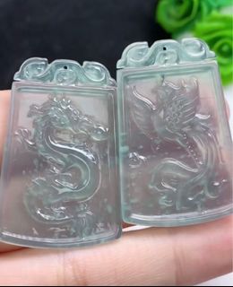 天然A貨翡翠超冰透淡藍龍鳳牌吊墜一對送掛繩64225233526275110