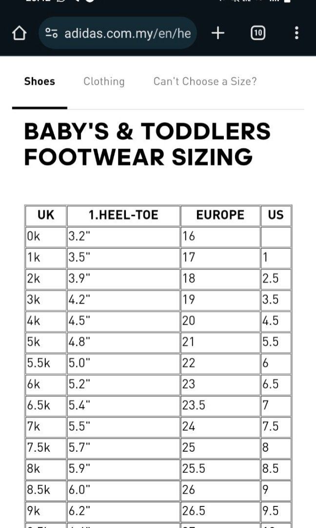 Baby adidas shoe size chart clearance