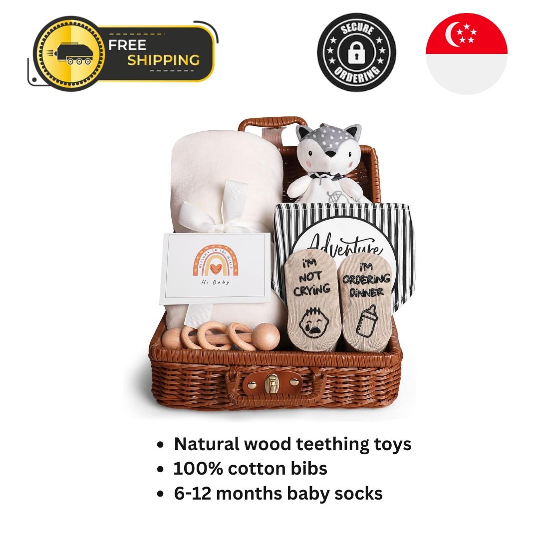 Baby Shower Gifts New Born Baby Gifts for Girls Boys Unique Baby Gifts Basket Essential Stuff Baby Lovey Blanket Newborn Bibs Socks Wooden Rattle